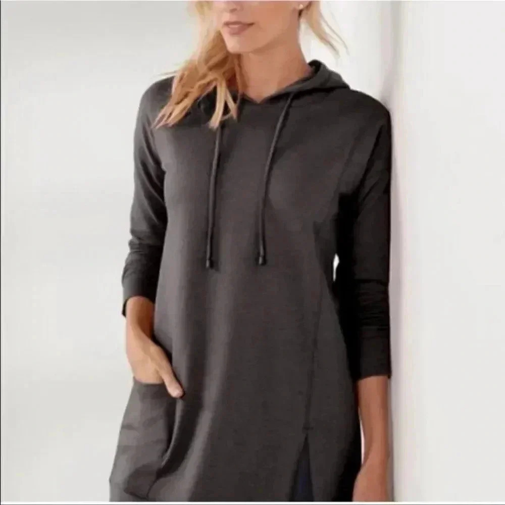 Soft Surroundings Small Gray Soho Hoodie Sweater Patch Pocket Slit Drawstring Sm